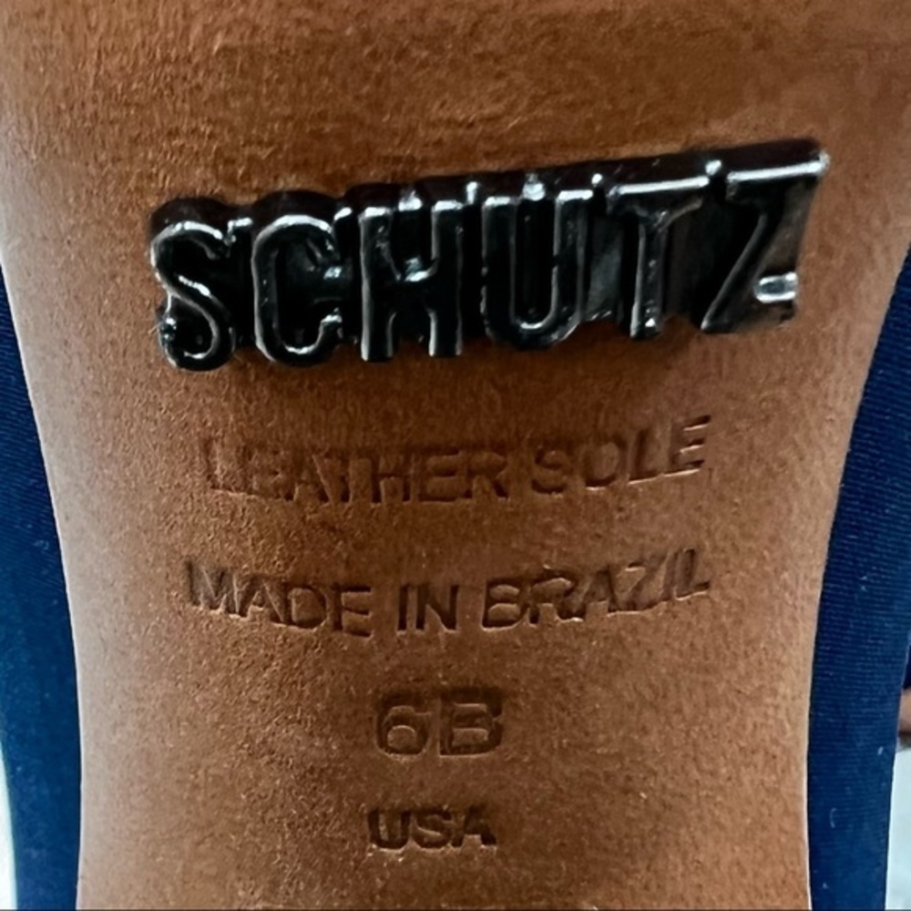 Schutz Hara Sandals Blue Satin Rhinestone Block Heel Ankle Strap 6 Cocktail Glam - Picture 16 of 17